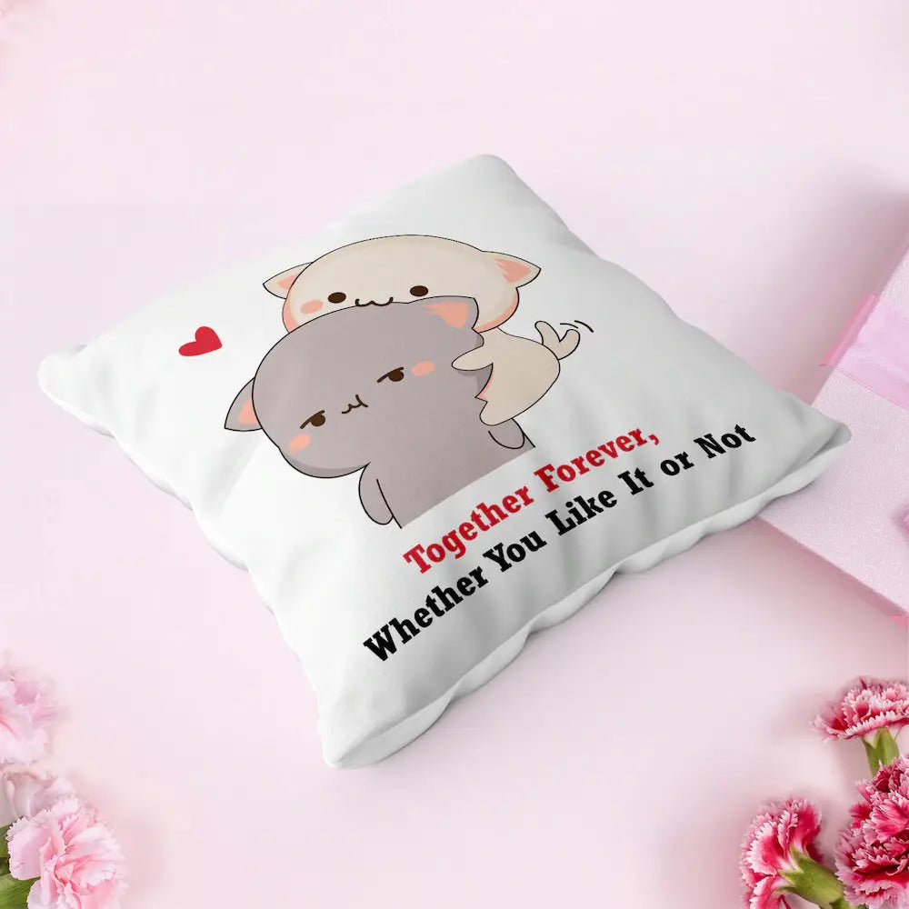 Square 12x12 inch Valentines Cushion Gift - Together Forever with adorable hugging cats and love quote, styled on a pink background with flowers.