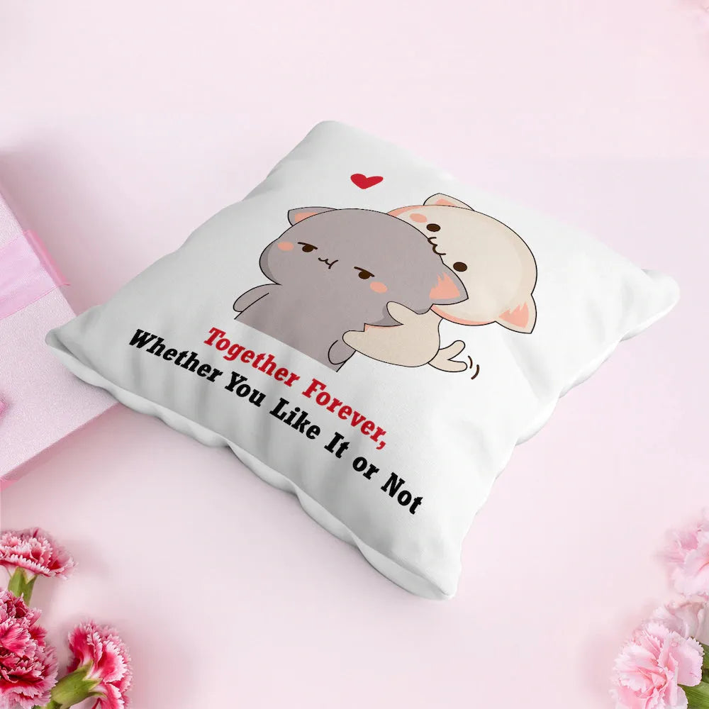 Recron filled Valentines Cushion Gift - Together Forever with cute cat design and romantic message, perfect for home & garden throw pillow décor.