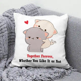 Valentines Cushion Gift - Together Forever featuring cute cartoon cats hugging with heart, placed on a grey knitted throw blanket. Ideal for home décor.