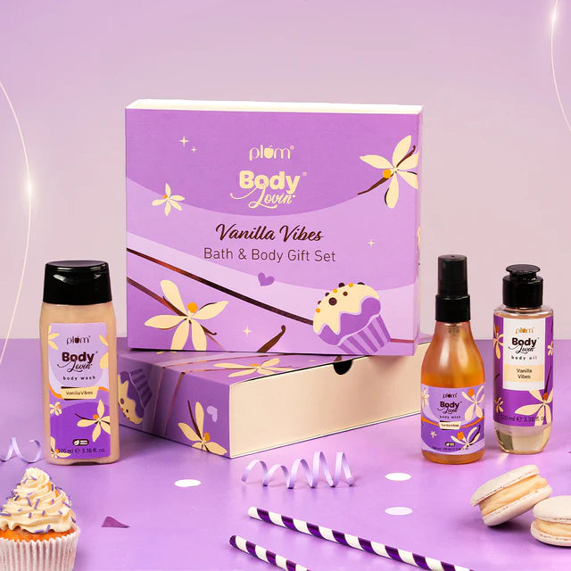 Vanilla Vibes Bath & Body Gift Set - Hawaiian Rumba Perfume with body wash, mist, and oil in a purple gift box. Ideal for gifting women.