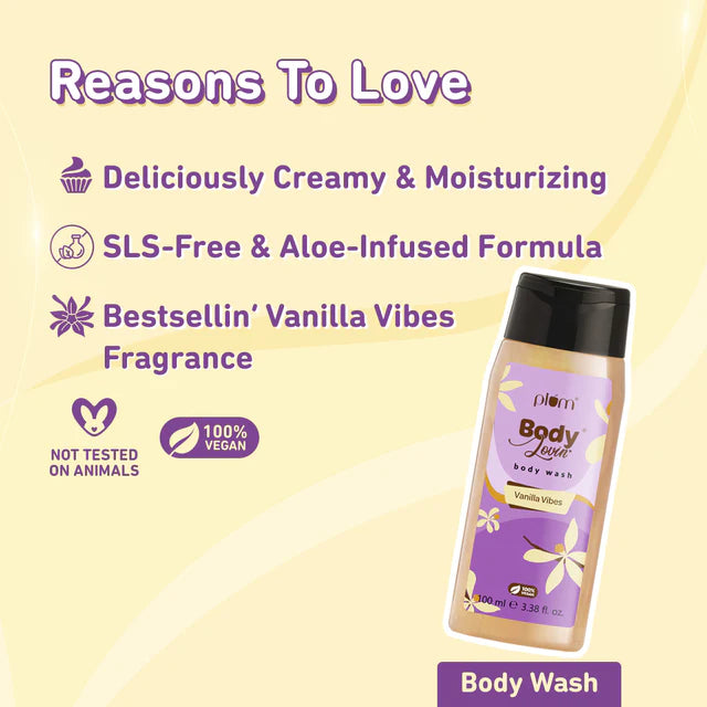 Plum Vanilla Vibes Body Wash with creamy, moisturizing, aloe-infused formula. SLS-free and 100% vegan, ideal for daily skincare routines.
