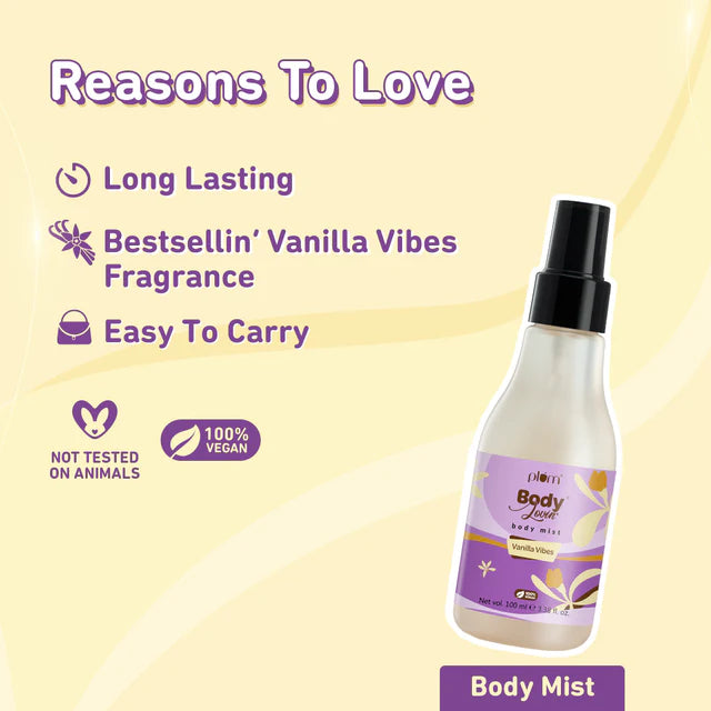 Plum Vanilla Vibes Body Mist with long-lasting fragrance, compact and easy to carry. A vegan-friendly, bestselling scent for everyday freshness.