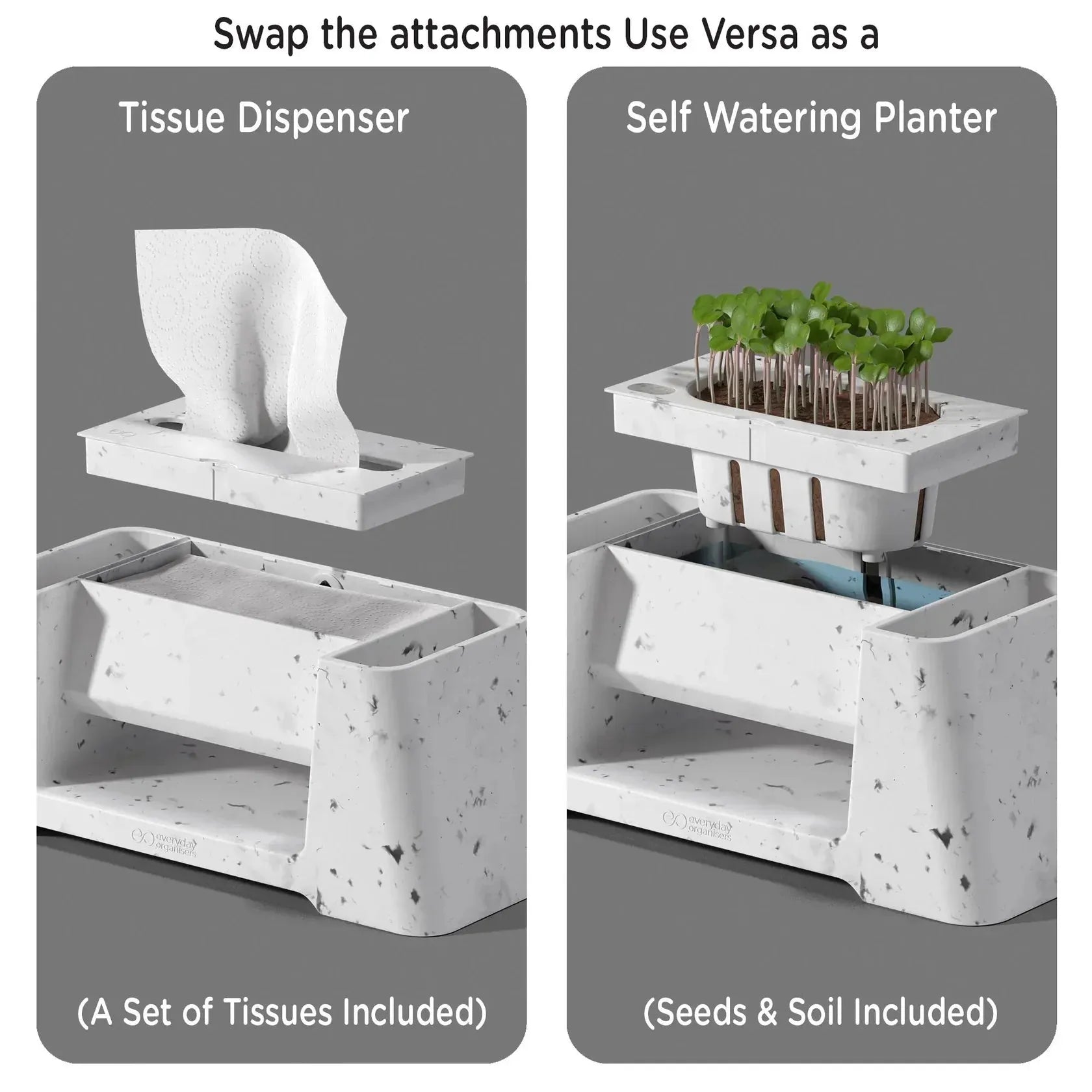 Versa product showing tissue dispenser and self-watering planter attachments on a gray background.