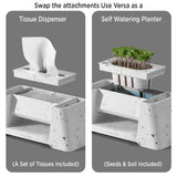 Versa product showing tissue dispenser and self-watering planter attachments on a gray background.