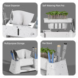 Set of concrete office supplies including a tissue dispenser, self-watering plant pot, multipurpose storage, and pen stand.