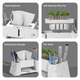 Set of concrete office supplies including a tissue dispenser, self-watering plant pot, multipurpose storage, and pen stand.