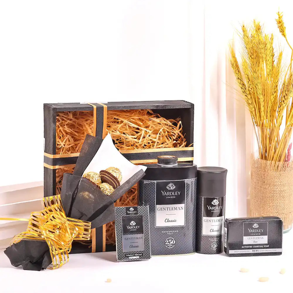 Yardley Black Kit for Men gift hamper with personal care essentials and Ferrero Rocher chocolates, ideal for birthdays and festive gifting.