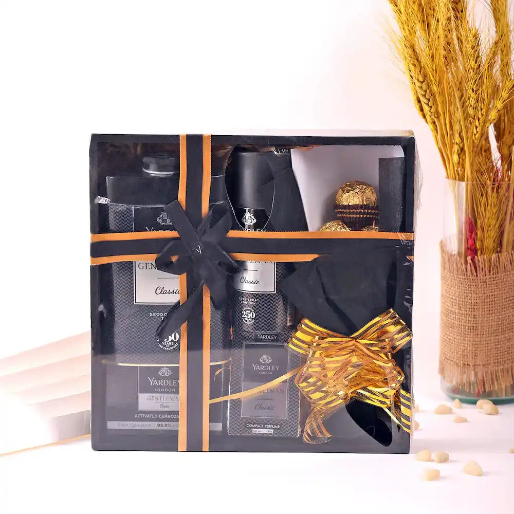 Yardley Black Kit for Men - Gentleman Range Gift Pack in a transparent-lid wooden box with ribbon, perfect for gifting occasions.