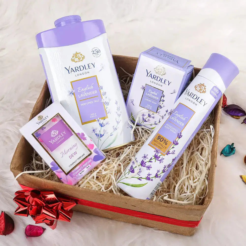 Yardley English Lavender Gifts for Women in a festive hamper with red ribbon, including perfume, talc, soap, and body spray.