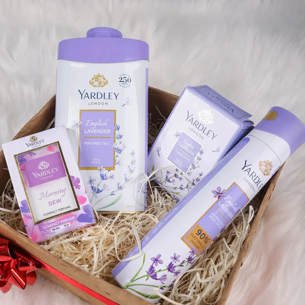 Yardley English Lavender Gifts for Women arranged in a gift box with straw filling, ideal for birthdays, anniversaries, or festive gifting.