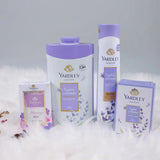 Yardley English Lavender Gifts for Women set with compact perfume, talc, body spray, and soap displayed on soft white fur.