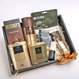 Yardley Gold Groom Kit Personalized Gift Set with shaving cream, lotion, talc, brush, and Hershey's chocolate in a decorative hamper box.