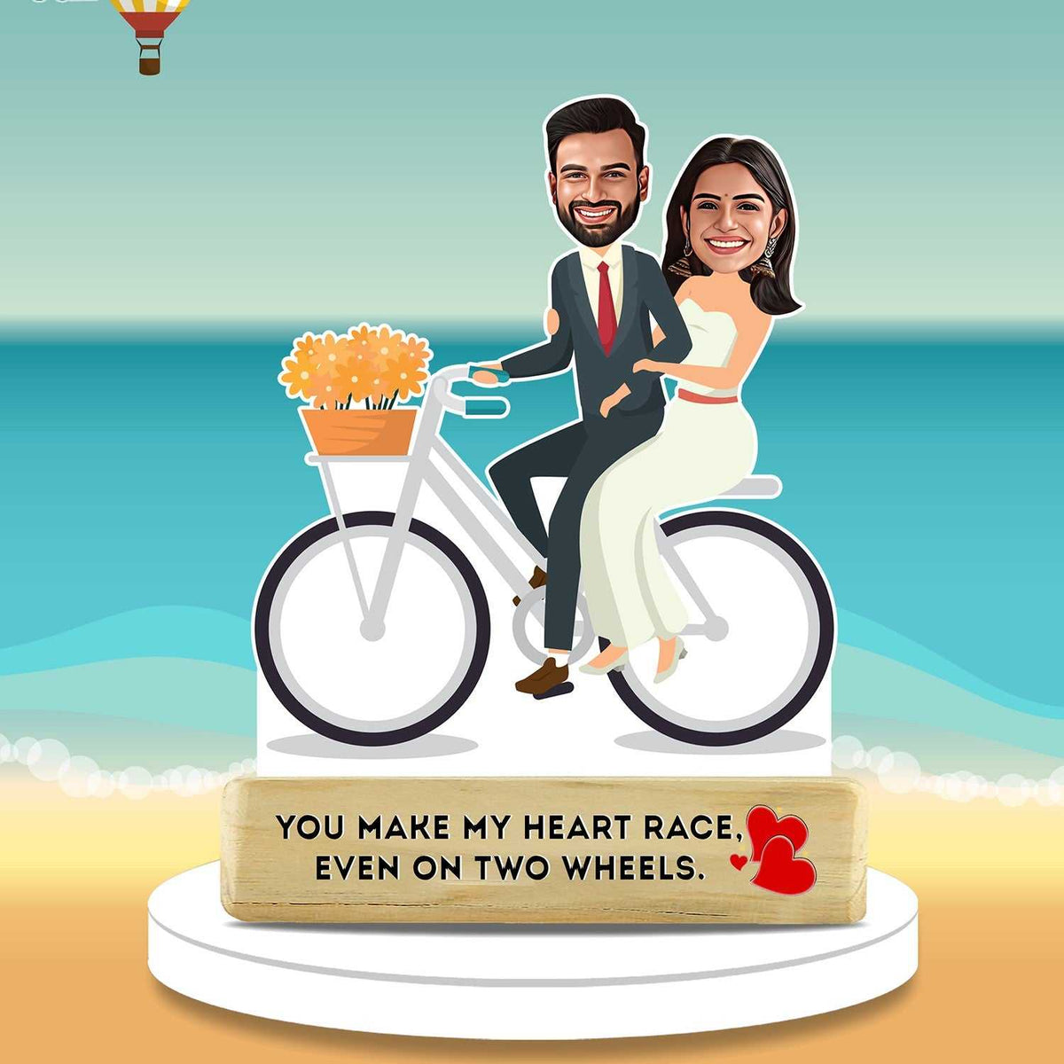 Heart Race Caricature - Personalized Gift | Acrylic Showpiece featuring a couple on a bicycle by the beach, ideal for romantic home decor or anniversaries.
