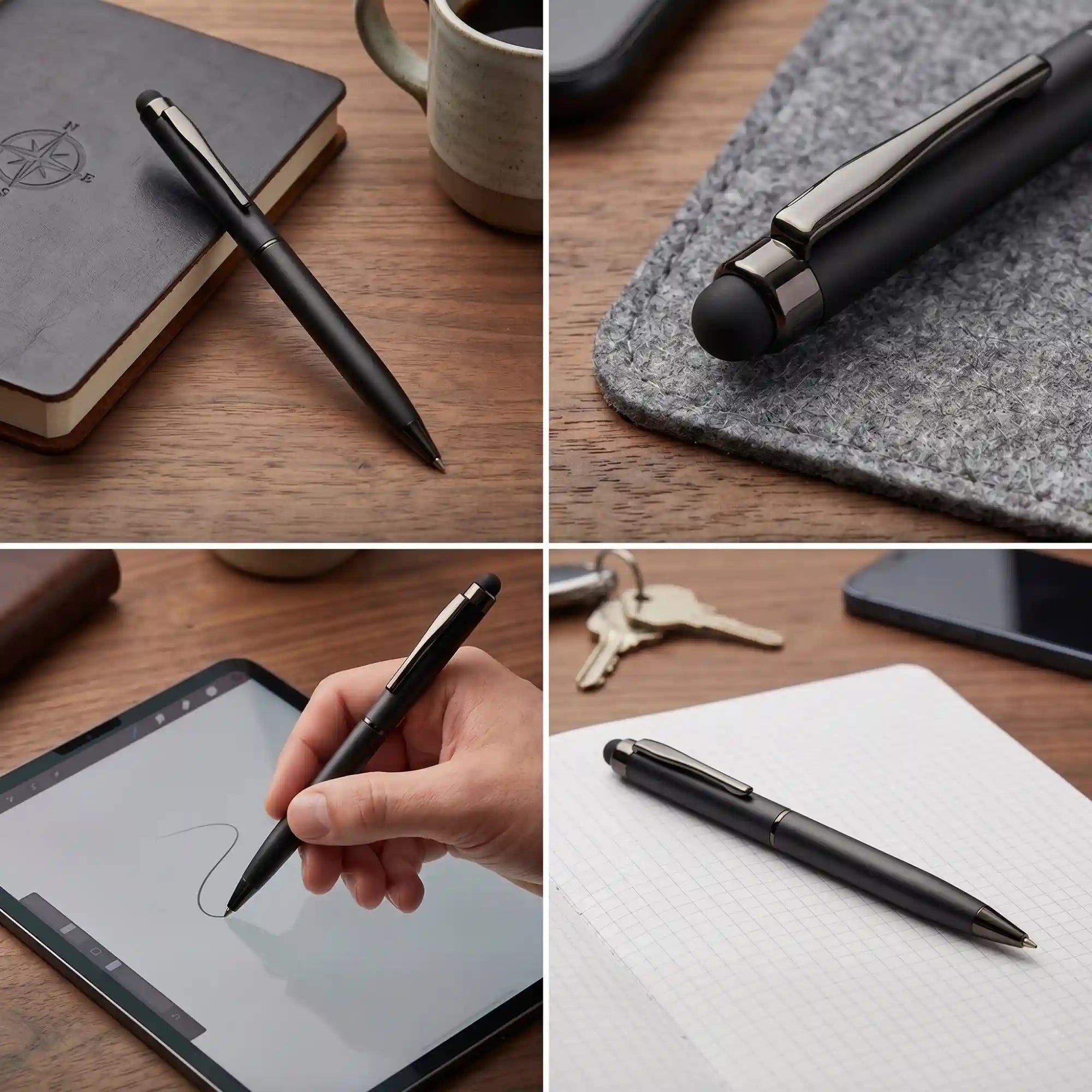 Collage of a black pen on various surfaces including a notebook, tablet, and desk.