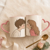 front upper shot kissing-couple-heart-handle-mug-set-personalized-anniversary-mugs
