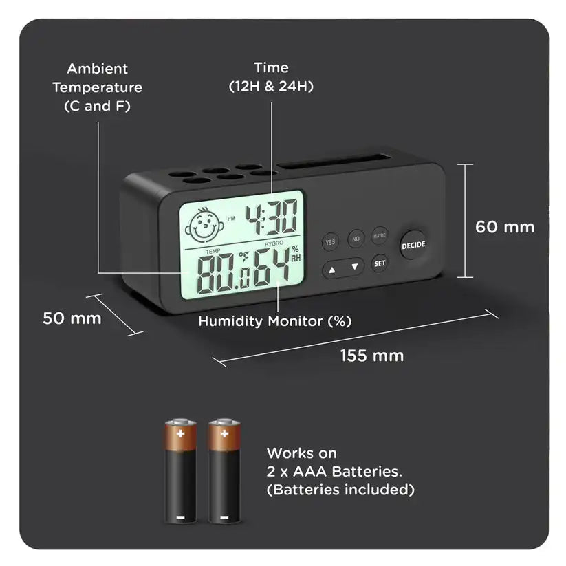 Digital clock with temperature, time, and humidity display on a black background