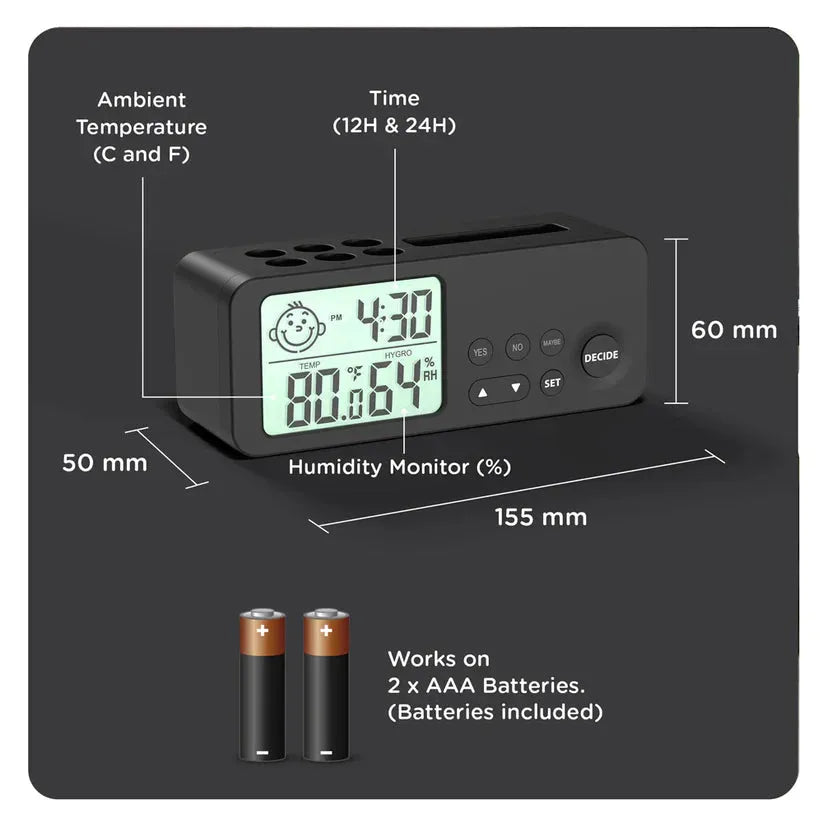 Digital clock with temperature, time, and humidity display on a black background
