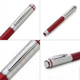 A multi-panel grid of four detailed product photographs of a single luxury ballpoint pen on a clean white background. The pen has a matte red metal barrel and a polished silver metal cap with a detailed checkered grid pattern. On the left, two macro close-up panels focus tightly on the silver checkered cap and its highly polished clip, which features the gold word "SUBMARINE" brand etching. Above right, a high-angle, three-quarter view shows the full length of the pen. Below right, a detailed close-up focus