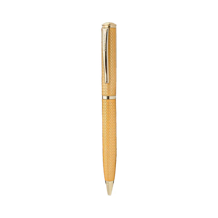 Gold pen with textured body on a white background