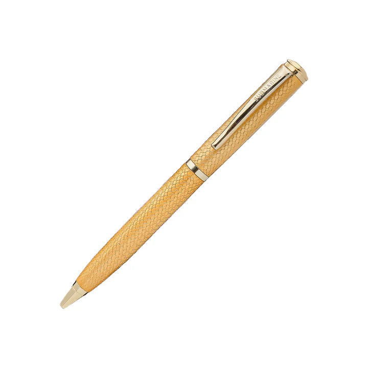 Gold pen with textured grip on a white background