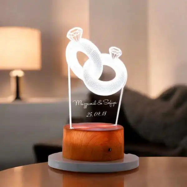 Personalized Couple Ring LED Lamp - Wooden Base