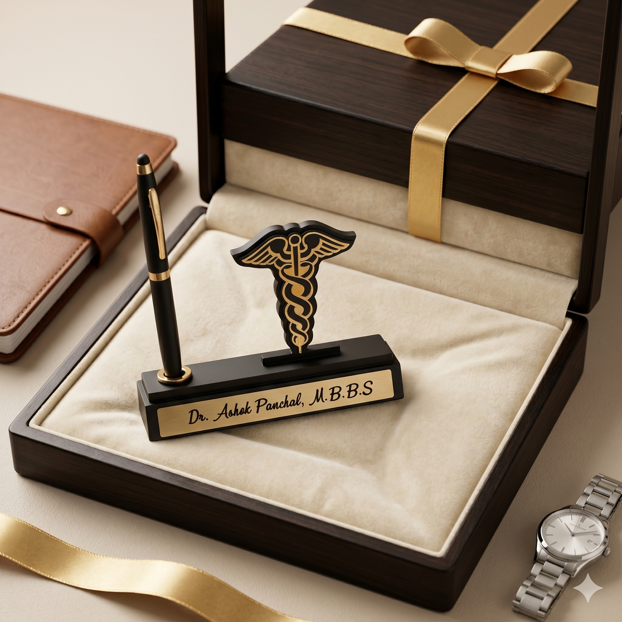 A high-angle photograph of a personalized luxury desk gift set resting on a beige velvet lining inside an open dark wood presentation box. The set includes a matte black base holding a black and gold pen and a black and gold metal medical caduceus (Hermes staff) symbol. A gold plaque on the front of the base is clearly engraved with "Dr. Ashok Panchal, M.B.B.S." Surrounding the box on a neutral surface are a leather journal, a silver wristwatch, and a gold ribbon.