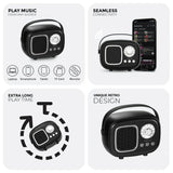 Black portable speaker with features listed on a white background