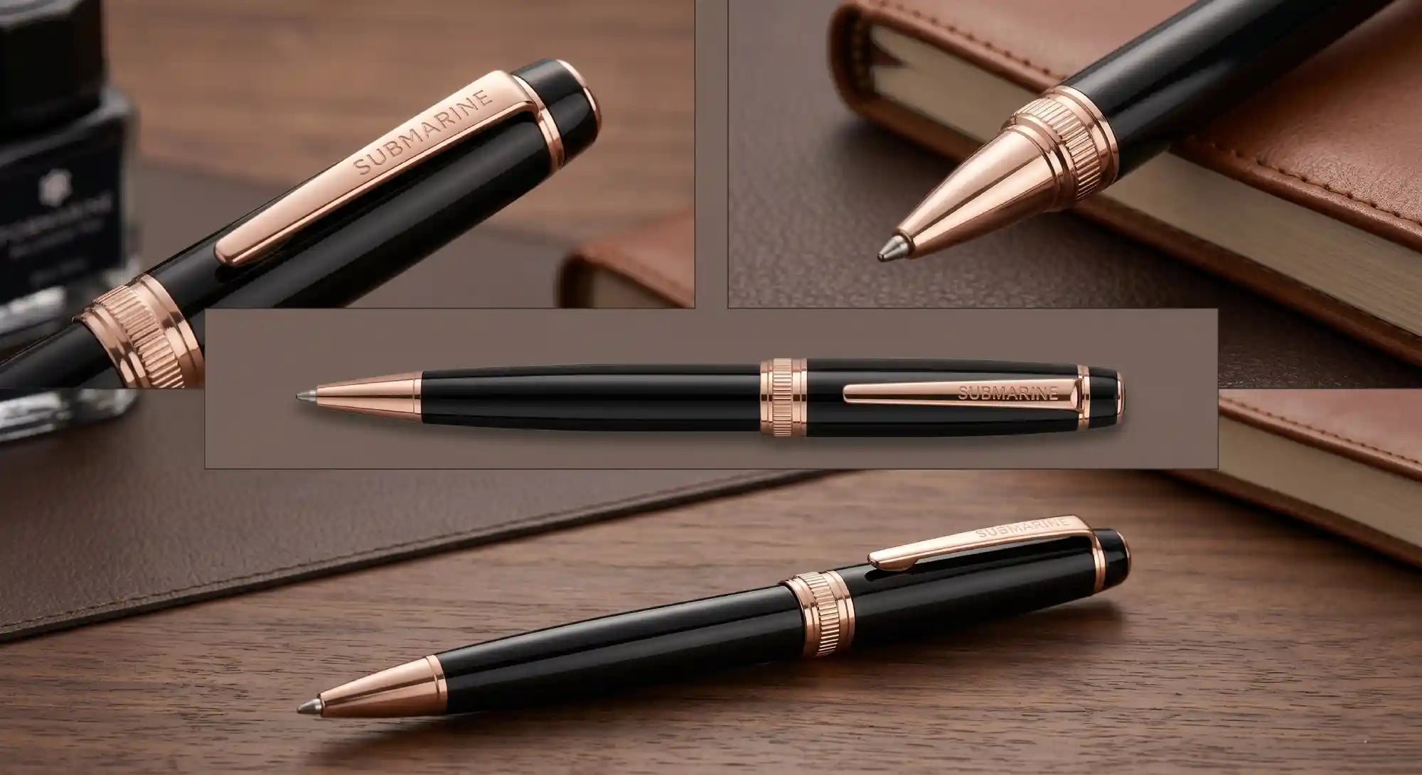 Black and rose gold pen on a wooden surface with close-up inset