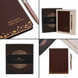 A four-panel product showcase grid featuring a "Submarine Power to Express" gift set. The top-left panel is a close-up of a brown textured journal cover with gold embossed text, "All I need is Coffee and Pen...." and gold coffee beans, with a pen to the side. The top-right panel shows a dark, patterned box and an open cream-colored presentation box with the journal and pen inside. The bottom-left panel is a direct view of the closed, dark patterned outer box with a gold "SUBMARINE POWER TO EXPRESS" logo.