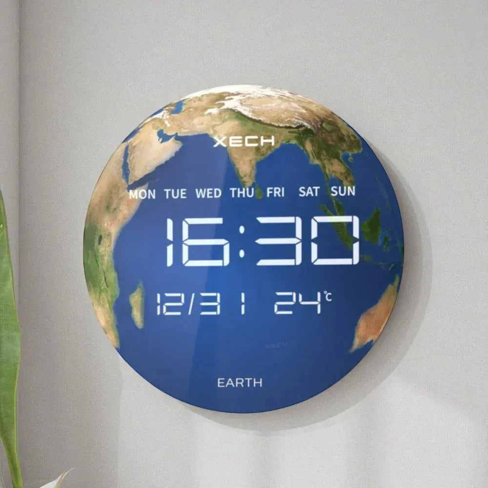 Earth-themed Solaris Digital Clock with advanced LED display for time, date, and temperature. Perfect for wall decor in home or workspace.