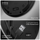 Close-up of Solaris Digital Clock's back panel showing USB power cord and inline controls. Easy setup with 1.5-meter cable included.