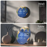 Solaris Digital Clock with Earth design displayed in both wall and table mount settings. Stylish and functional for modern home decor.