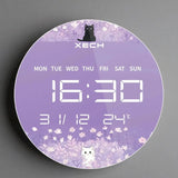 Round digital clock with floral design and cat illustrations on a gray background