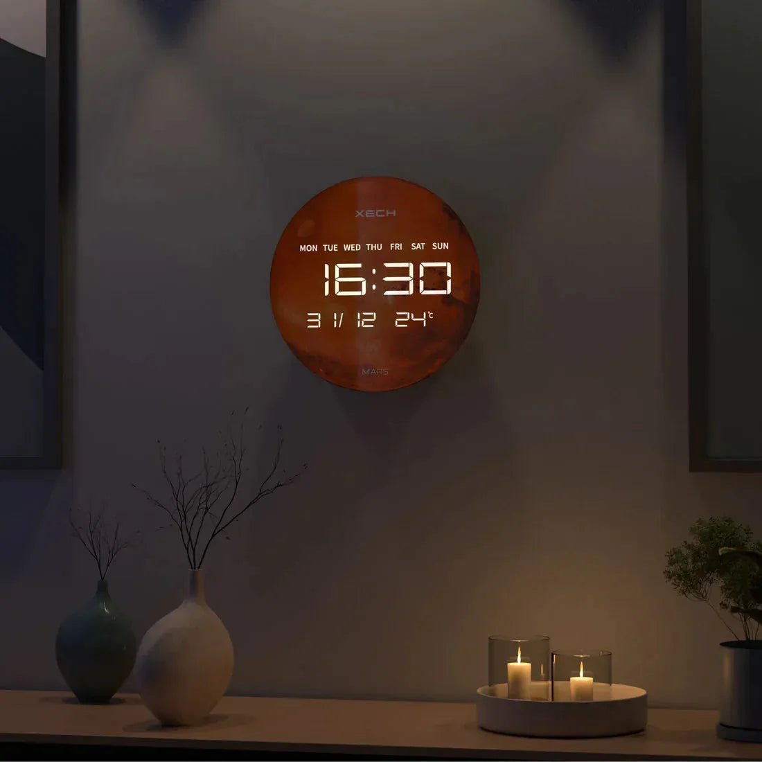 Mars-themed Solaris Digital Clock illuminated in a dim room, showcasing ambient lighting and modern celestial design for stylish interiors.