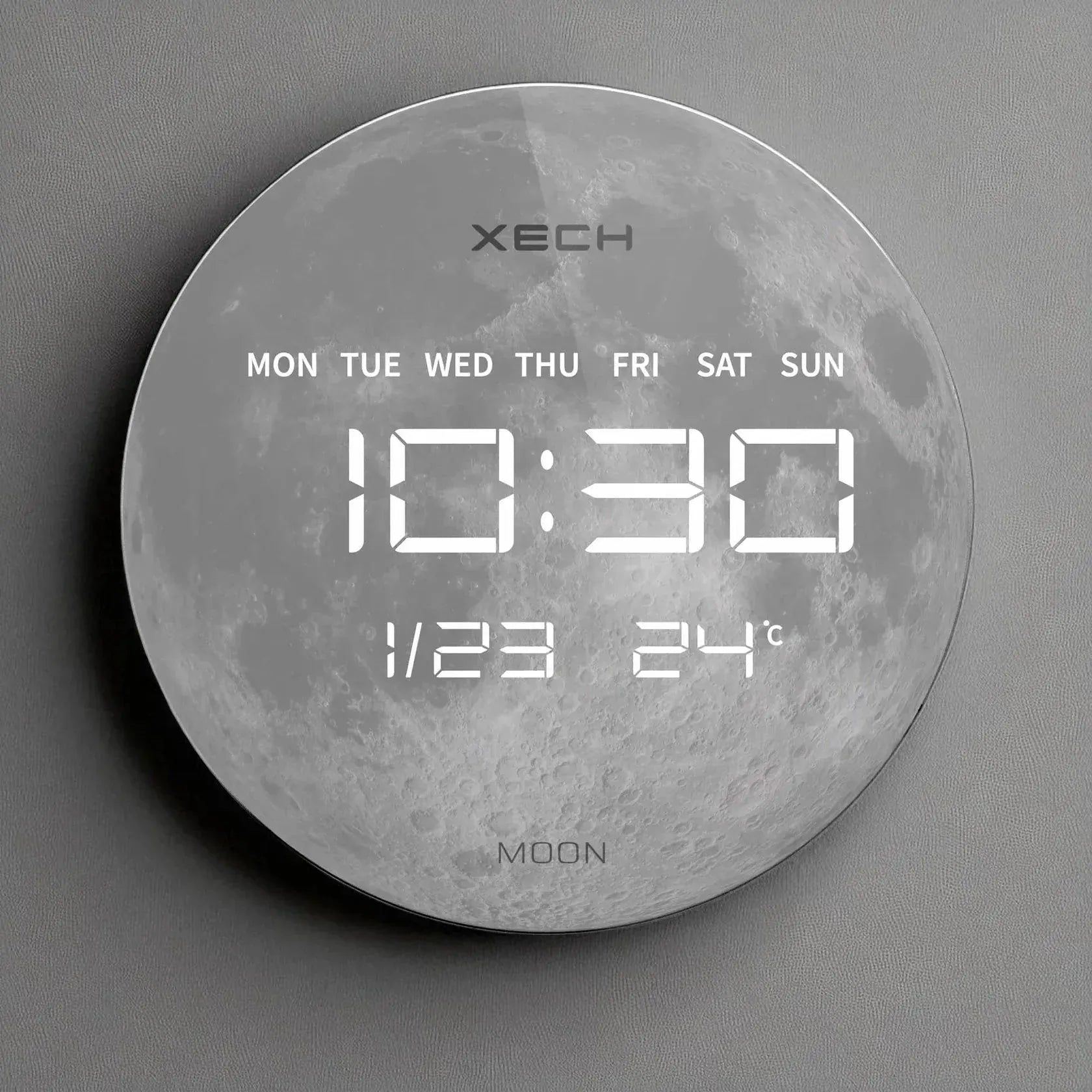 Solaris Digital Clock featuring Moon surface design with digital time, date, and temperature display. Sleek addition to home or office walls.
