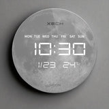 Solaris Digital Clock featuring Moon surface design with digital time, date, and temperature display. Sleek addition to home or office walls.