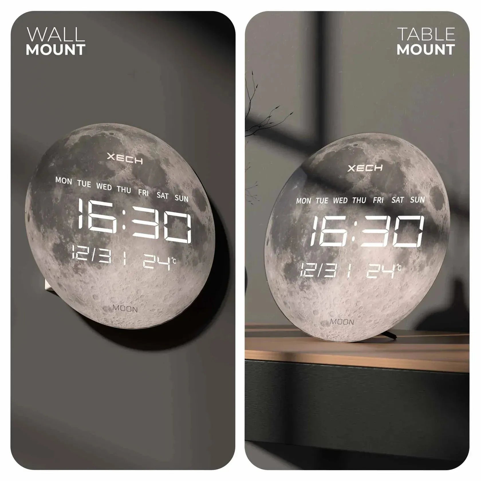 Solaris Digital Clock with Moon design shown in wall and table mount options. Versatile for desktops or wall decor in tech-inspired spaces.