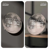 Solaris Digital Clock with Moon design shown in wall and table mount options. Versatile for desktops or wall decor in tech-inspired spaces.