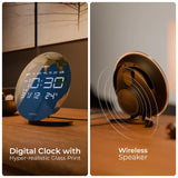 Digital clock with hyper-realistic glass print and wireless speaker on a wooden surface.