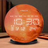 Round digital clock with Mars surface design on a wooden surface