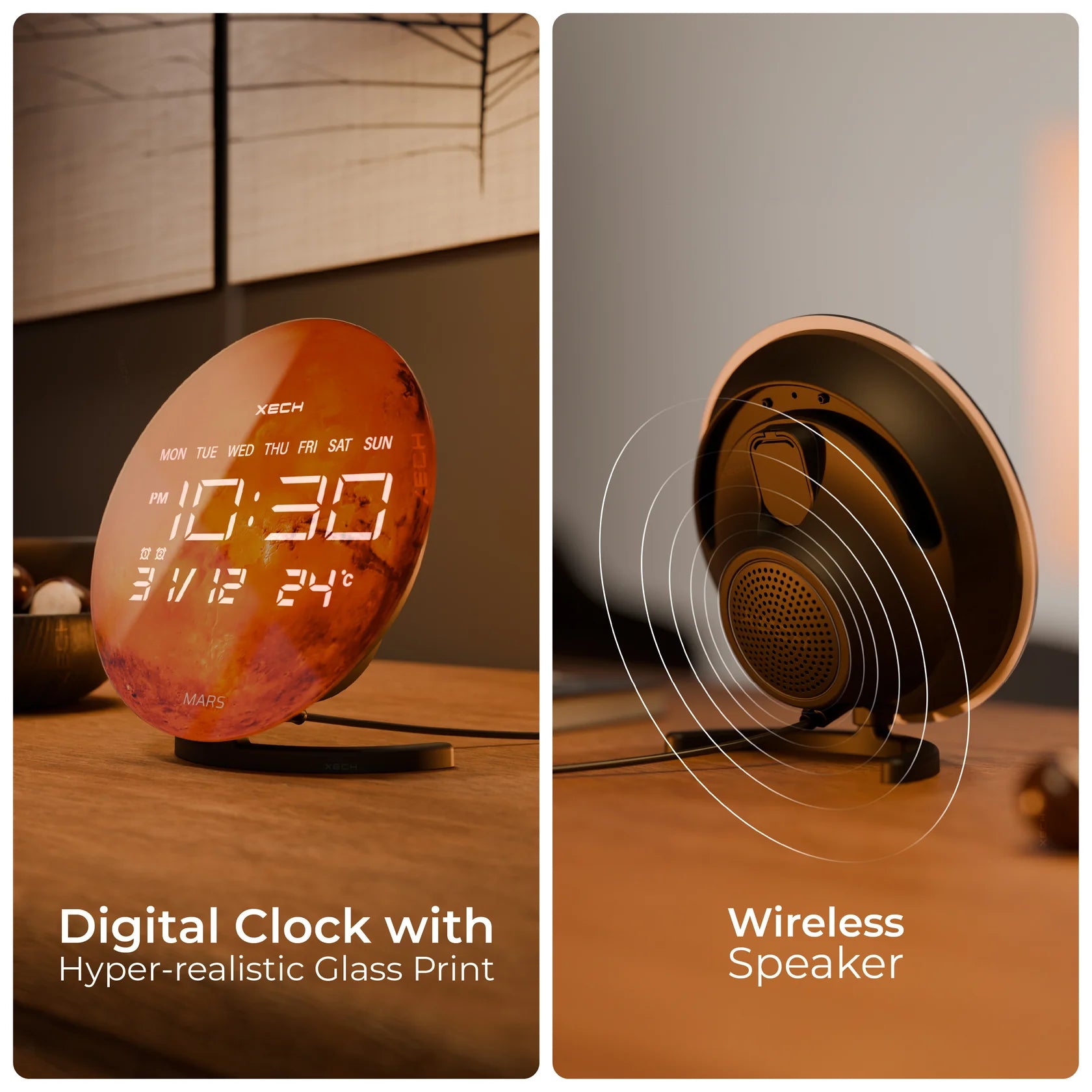 Digital clock with hyper-realistic glass print and wireless speaker on a wooden surface.