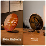 Digital clock with hyper-realistic glass print and wireless speaker on a wooden surface.