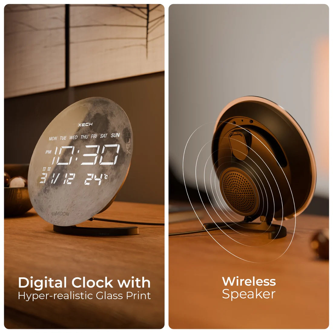 Digital clock with hyper-realistic glass print and wireless speaker on a wooden surface.