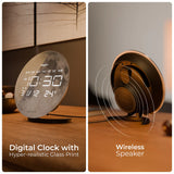 Digital clock with hyper-realistic glass print and wireless speaker on a wooden surface.