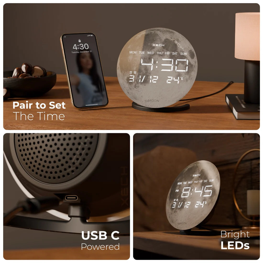 Digital clock with moon design on a wooden surface, USB C power, and bright LEDs.