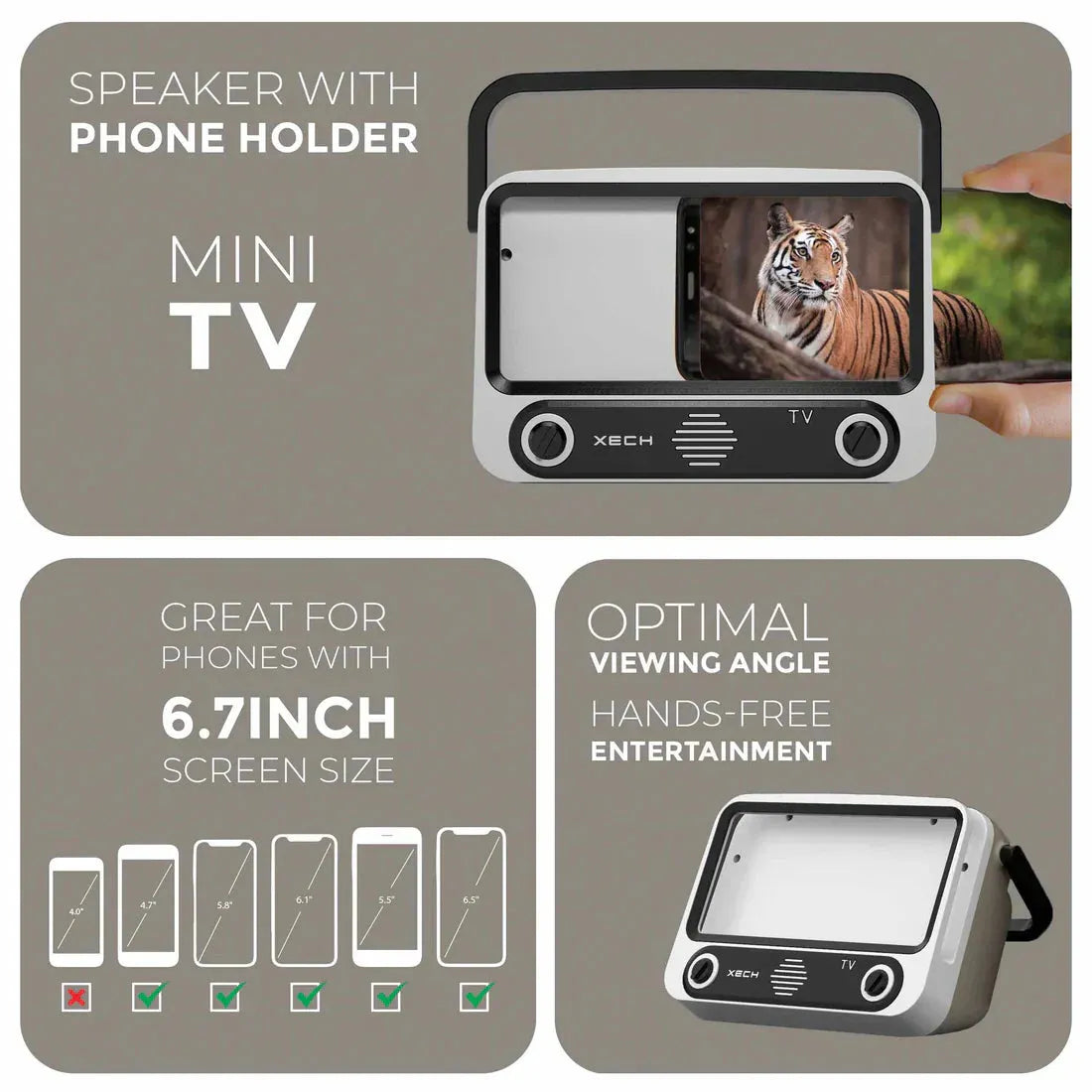 Mini TV with phone holder and speaker on a gray background