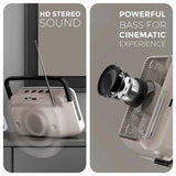 Speaker with text highlighting HD stereo sound and powerful bass for cinematic experience.
