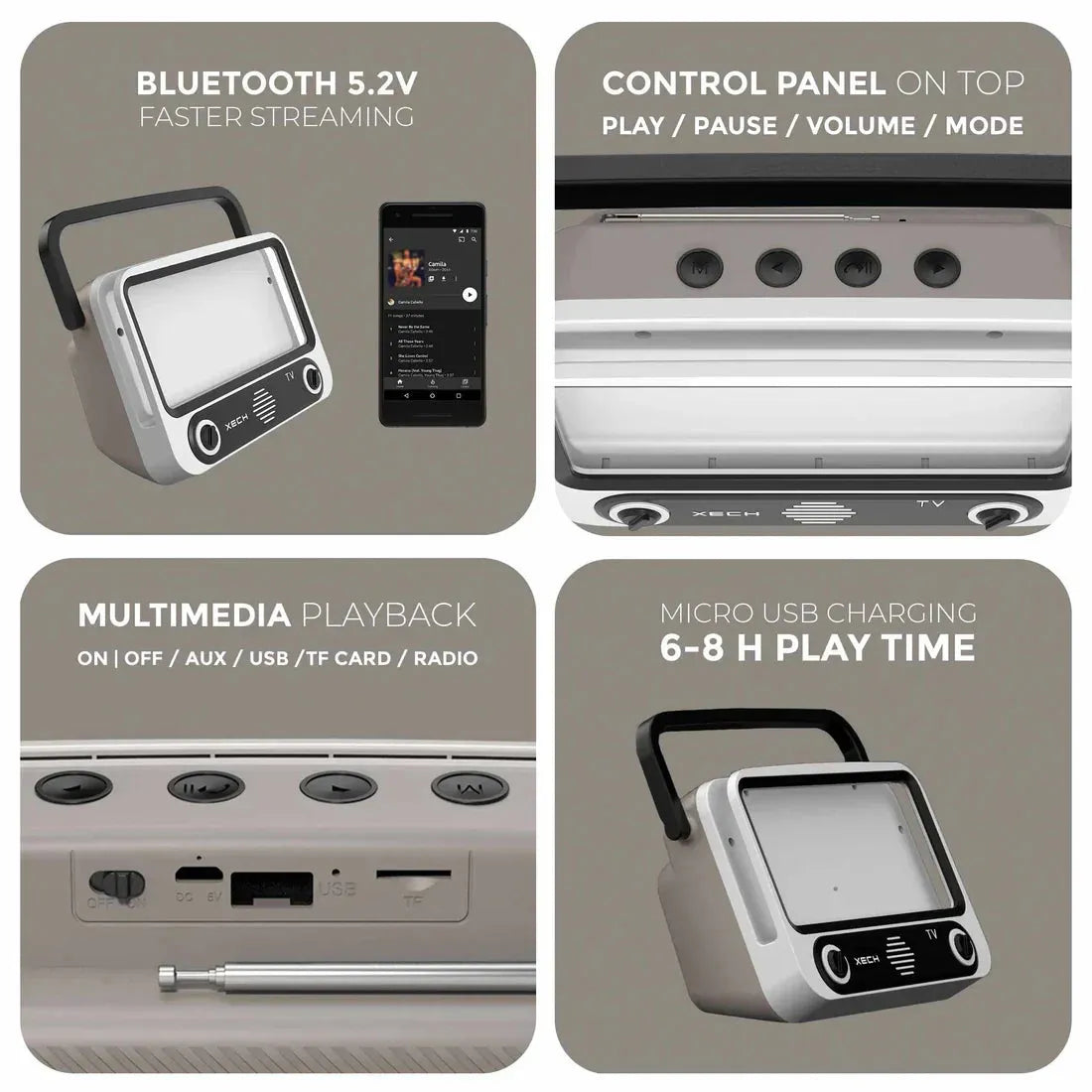 Multimedia player with features highlighted on a gray background