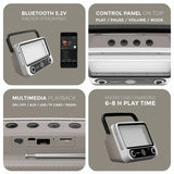 Multimedia player with features highlighted on a gray background