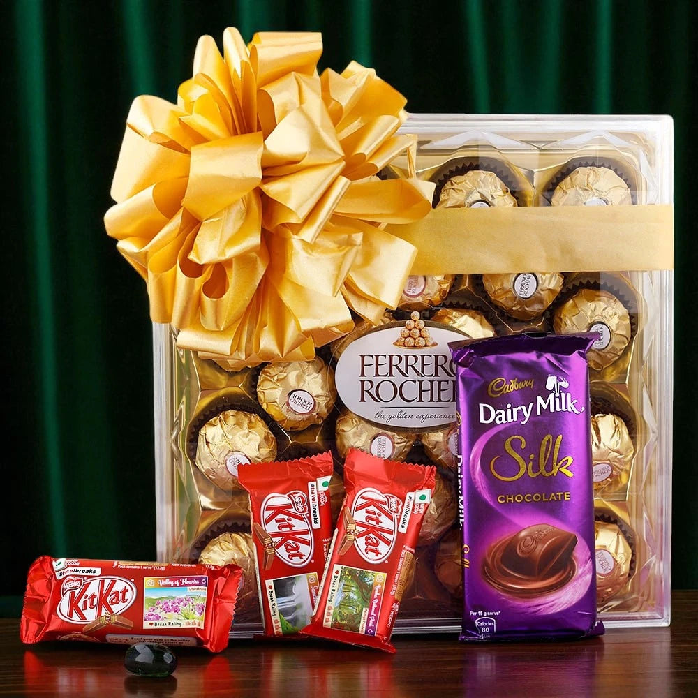 Luxury chocolate gift box with Ferrero Rocher, Dairy Milk Silk, and KitKat bars.